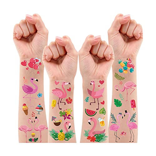 Leesgel Flamingo Party Deko, 10 Blatt Temporäre Tattoos für Kinder Tattoo Aufkleber Kinder Kindertattoos Sticker Mädchen Jungen, Hawaii Deko Party Zubehör Luau Flamingo Geschenk Kinder Sommer Deko von Leesgel