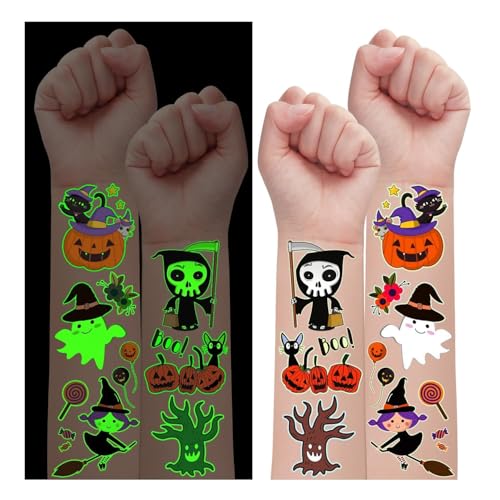 Leesgel Halloween Deko, 24 Blätter Temporäre Tattoo Kinder Halloween Dekorationen, Tag der Toten Kostümzubehör, Skelett/Süßigkeit/Kürbis Gesicht Tattoo Aufkleber Halloween Spielzeug Geschenke von Leesgel