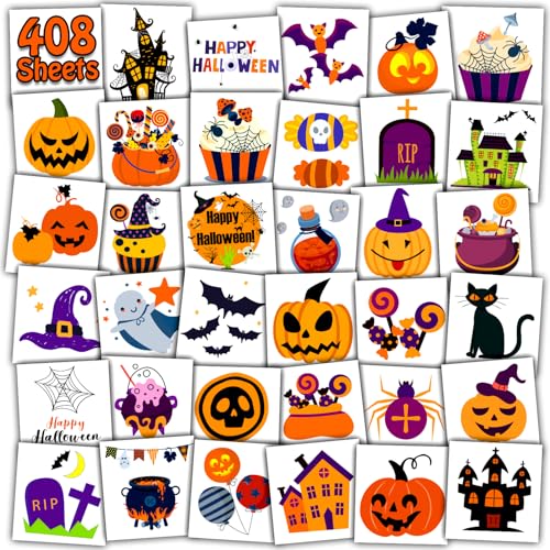 Leesgel Halloween Deko Kinder, 408 Blätter Einzeln Verpackt Temporäre Tattoo Kinder für Halloween Kostüme Outfit Zubehör, Treats Party Tasche Füller für Jungen Mädchen Geschenke Spiele Pinata von Leesgel