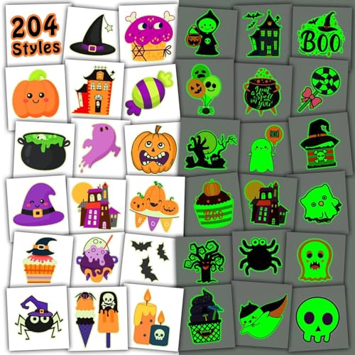 Leesgel Halloween Tattoo Kinder, 204 Blätter Leuchtende Halloween Temporäre Tattoos Aufkleber Kinder für Halloween Deko, Halloween Party Zubehör Spiele Spielzeug Geschenke Gastgeschenke Kinder von Leesgel