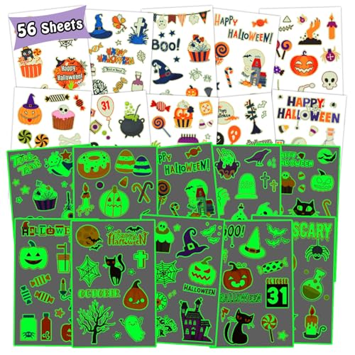 Leesgel Halloween Tattoo Kinder, 580pcs Leuchtende Kinder Tattoos für Halloween Deko, Halloween Süßigkeiten/Kürbis/Spinne Gesicht Tattoo Aufkleber Party Tasche Füller Spiele Halloween Dekoration von Leesgel