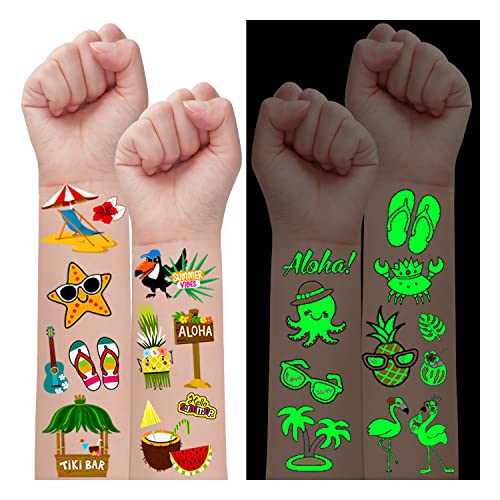 Leesgel Hawaii Tattoo Kinder, 200 Leuchtende Hawaiian Temporäre Tattoos Aufkleber Kinder Tattoo Sticker für Hawaii Deko, Luau Beach Tropical Geburtstags Deko Sommer Party Mitgebsel Kindergeburtstag von Leesgel
