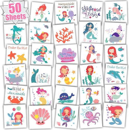 Leesgel Kinder Tattoo, 50 Sticker Meerjungfrau Tattoo Kinder, Meerjungfrau Geburtstag Deko Spielzeug Mitbringsel Kindergeburtstag Gastgeschenke Party Deko Gadgets von Leesgel