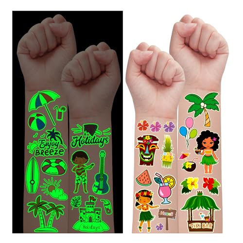 Leesgel Leucht Hawaiian Tattoo Kinder, 300+ Hawaii Kinder Tattoo Aufkleber Kindertattoos Jungen Mädchen, Hawaii Deko Luau Beach Tropical Geburtstag Deko Sommer Party Zubehör Hawaii Sticker Spielzeug von Leesgel