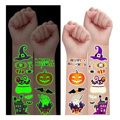 Leesgel Leuchtende Tattoo Kinder Halloween Deko, 300 Stile Halloween Skelett/Süßigkeit/Kürbis/Spinne Tattoo Aufkleber Halloween Geschenke Süßigkeiten Halloween Party Zubehör Geschenke Gastgeschenke von Leesgel