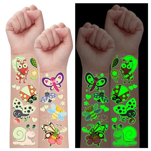 Leesgel Leuchtende Tattoo Kinder Temporäre Tattoos, 12 Blätter Insekt Tattoo Aufkleber Set für Mädchen Jungen, Klebetattoos Kinder Party Deko Gastgeschenk Kindergeburtstag von Leesgel