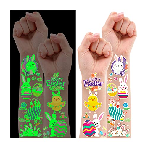 Leesgel Oster Deko Tattoo Aufkleber Kinder, 12 Blatt Leuchtende Temporäre Tattoo für Kinder Ostergeschenke Korbtüten Füllstoffe, Leuchtende Kindertattoo Spielzeug Preise Ostereiersuche Gefälligkeiten von Leesgel