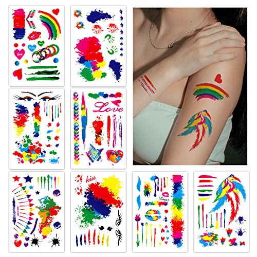 Leesgel Regenbogen Temporäre Tattoos, 9 Blatt Regenbogen Tattoo Aufkleber für Pride Paraden und Feiern, Regenbogen Party Deko LGBTQ Accessoires Festival Accessoires Damen Pride Month von Leesgel