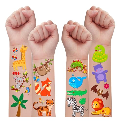 Leesgel Safari Geburtstagsdeko Jungen, 16 Blätter Tiere Tattoo Kinder Tattoo Aufkleber Sticker Kinder Tier Kindertattoos Jungen, Dschungel Deko Mitgebsel Kindergeburtstag Junge Safari Tiere Deko Party von Leesgel