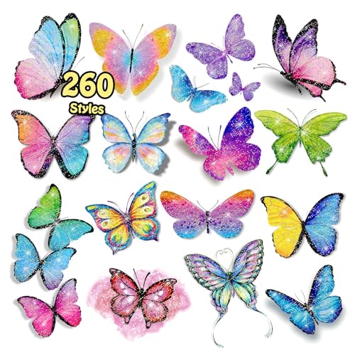 Leesgel Schmetterling Glitter Tattoo Kinder, 260 Stile (20 Blätter) Temporäre Tattoos für Mädchen Party Tasche Füller Schmetterling Geschenke, Schmetterling Aufkleber Party Deko Zubehör Spielzeug von Leesgel