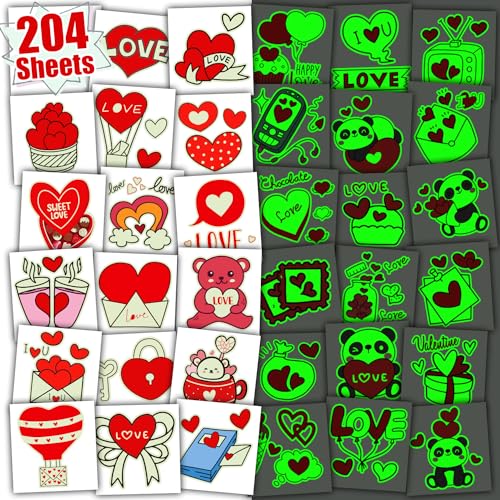 Leesgel Tattoo Kinder 204 Blätter Leuchtende Tattoo Valentinstag, Valentinstag Dekorationen Fluoreszierende Tattoo für Mädchen und Jungen, Temporäre Tattoos Kinder Valentinstag Party Favors von Leesgel