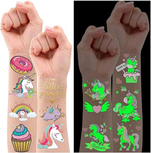 Leesgel Tattoo Kinder Einhorn, 32 Stile Leuchtend Einhorn Temporäre Tattoo Mädchen + Metallic Glitzer Tattoo Set Kinder, Mitgebsel Kindergeburtstag Einhorn Geburtstagsdeko Geschenke Mädchen Spielzeug von Leesgel