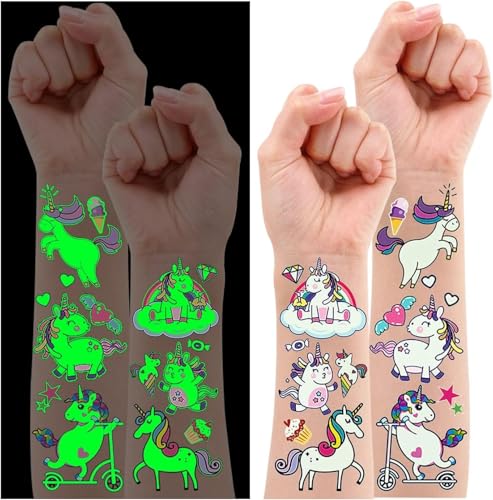 Leesgel Tattoo Kinder Einhorn, 120 Stück Leucht Einhorn Kindertattoos Sticker Kinder Tattoo Aufkleber Kinder, Einhorn Geburtstagsdeko Mädchen Einhorn Geschenke für Mädchen Mitgebsel Kindergeburtstag von Leesgel