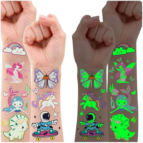 Leesgel Tattoo Kinder Jungen Mädchen, 140 Stück Leucht Gemischte Aufkleber Kindertattoos Sticker, Mitgebsel Kindergeburtstag Gastgeschenke Geburtstagsdeko Geschenke Party Deko von Leesgel