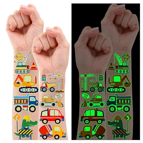 Leesgel Tattoo Kinder Jungen Set, 12 Blätter Leuchtende Kindertattoos Aufkleber Kinder mit Fahrzeuge Lastwagen Thema, Mitgebsel Kindergeburtstag Deko Kinderspielzeug Geschenke für Kinder von Leesgel