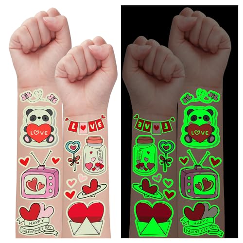 Leesgel Tattoo Kinder Leuchtende Tattoo Valentinstag, 56 Blätter Valentinstag Dekorationen Fluoreszierende Tattoo für Mädchen und Jungen, Temporäre Tattoos Klebetattoos für Valentinstag Party von Leesgel