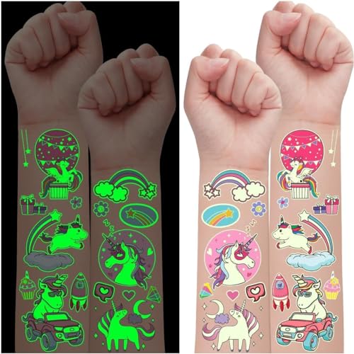 Leesgel Tattoo Kinder Mädchen, 30 Blätter Leucht Einhorn Kinder Tatttoo Aufkleber Kinder Sticker Mädchen, Einhorn Geschenke für Mädchen Spielzeug Einhorn Geburtstagsdeko Mädchen Kindergeburtstag Deko von Leesgel