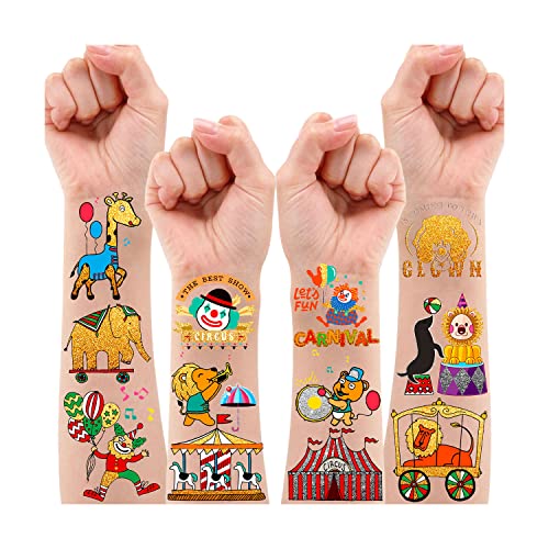 Leesgel Tattoo Kinder Zirkus, 32 Stile Zirkus Metallic Glitzer Tattoo Set Kinder Tattoo Aufkleber für Karneval Party Deko Festival Zubehör, Mitgebsel Kindergeburtstag Geburtstagsdeko Mädchen Spielzeug von Leesgel