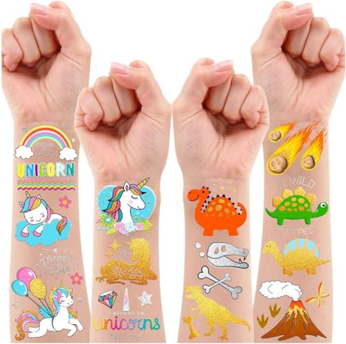 Leesgel Tattoo Kinder, Einhorn Dinosaurier Glitzer Tattoos Set Kinder, 32 Stile Temporäre Tattoos Kinder Tattoos Aufkleber für Party Deko，Mitgebsel Kindergeburtstag Gastgeschenke Mädchen Jungen von Leesgel