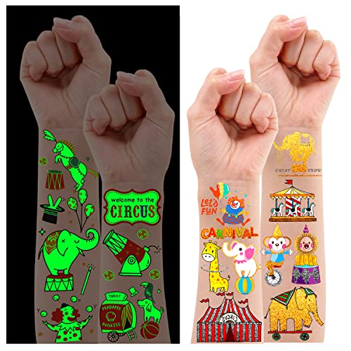 Leesgel Tattoos Kinder Karneval Zirkus, 33 Stile Leucht + Metallic Glitzer Temporäre Tattoos für Kinder, Tattoos Aufkleber Kinder Party Zubehör Deko Geburtstag Festival Karneval Zirkus Spielzeug von Leesgel