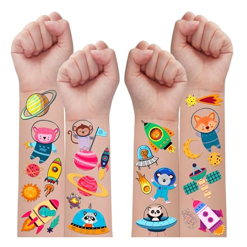 Leesgel Weltraum Kindergeburtstag Gastgeschenke, 16 Blätter Weltraum Tattoo Kinder Jungen Kindertattoos Aufkleber Sticker Kinder, Planeten Kinder Geburtstagsdeko Jungen Weltraum Happy Birthday Deko von Leesgel