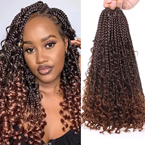 Leeven 14 Inch Bob Box Braids with Curly Ends 8 Packs Boho Crochet Braiding Hair for Woman 128 Strands Pre-looped Messy Hippie Braids Light Copper Goddess Boho Box Braid Crochet Hair Extensions T30# von Leeven