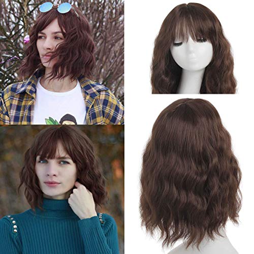 Leeven 14 Zoll Braun Perücke mit Pony Kurz Bob Perücke Damen Synthetische Loose Wave Perrücke Braun Frauen Natürlich Short Curly Wig with Bangs Kostüm Wig/Brown von Leeven
