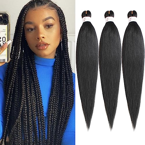 Leeven 3 Packs Pre Stretched Braiding Hair Yaki Texture 26 Zoll Synthetic Hair EZ Braid Hair for Woman Pre Stretched Ombre Braiding Hair Extensions /1B# von Leeven