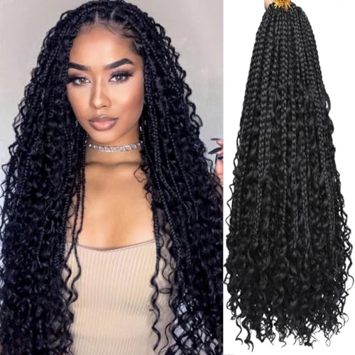 Leeven 30 Inch Boho Box Braids 8 Packs Pre-looped Hippie Braids with Curly Ends 12 Strands/Pack Messy Bohemian Braids for Black Woman Synthetic Crochet Braiding Hair Extensions 1B# von Leeven