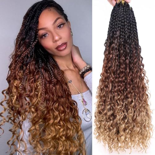 Leeven 30 Inch Pre-looped Bob Box Braids Crochet Hair with Curly Ends 8 Packs Crochet Braiding Hair for Woman Messy Hippie Braids Goddess Boho Box Braid Hair Extensions 53# von Leeven