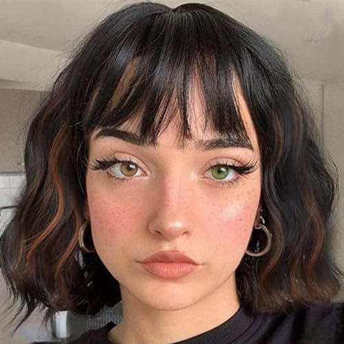 Leeven 35.5cm Perücke Kurz Bob Perücke mit Pony Natürlich Rosa Perücke Curly Damen Perücke Synthetische Short Bob Wig with Fringe Kostüm Wigs/Light Pink von Leeven