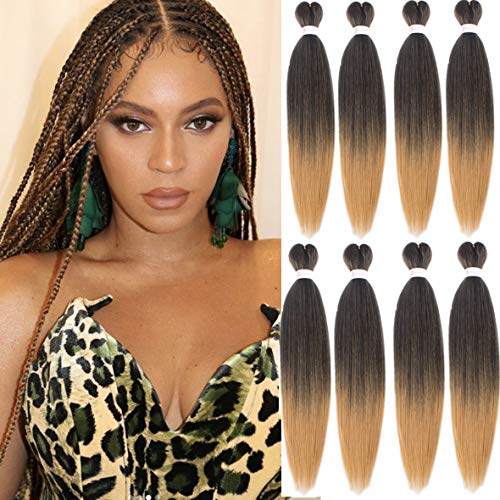 Leeven 8 Packs Ombre Brown Pre Stretched Braiding Hair Extension 26 Zoll Yaki Straight Synthetic Hair Fiber Hot Water Setting Easy Braids Hair Extension for Woman /26 Inch T27# von Leeven