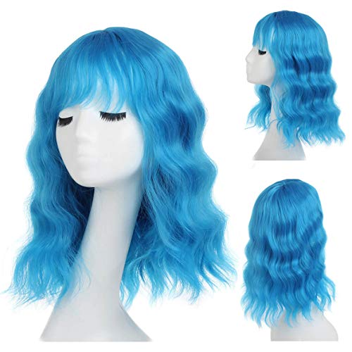 Leeven Blaue Perücke 14 Zoll Kurz Bob Perücken mit Pony Natürlich Wavy Bob Wig with Bangs Damen Perücke Hochwertige Perücke 35.5 cm Short Curly Kostüm Wig/Azure Blue von Leeven