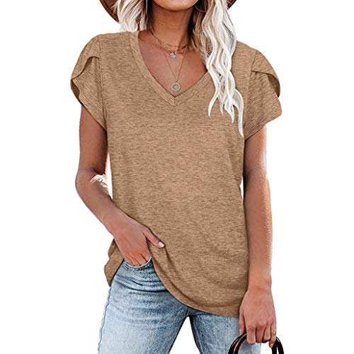 Leezepro Damen Sommer Petal Sleeve T-Shirt Casual V-Ausschnitt Basic Tops Kurzarm Oberteil Einfarbige Bequeme Sommerbluse Tops Shirt(Khaki,S) von Leezepro