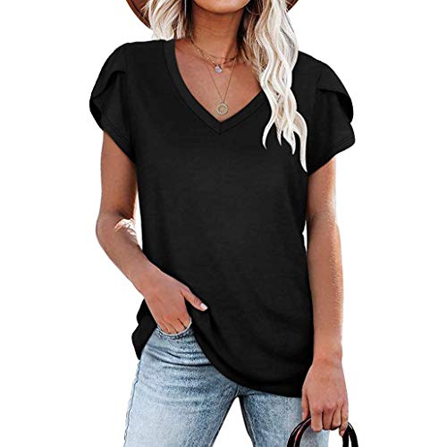 Leezepro Damen Sommer Petal Sleeve T-Shirt Casual V-Ausschnitt Basic Tops Kurzarm Oberteil Einfarbige Bequeme Sommerbluse Tops Shirt（Schwarz,L） von Leezepro