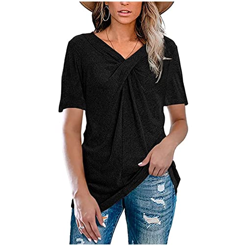 Leezepro Damen Sommer T-Shirt Casual V-Ausschnitt Basic Tops Kurzarm Oberteil Knoten Vorne Einfarbige Bequeme Sommerbluse Tops Shirt（Schwarz，L） von Leezepro