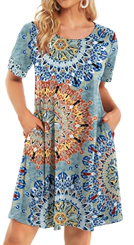 Leezepro Damen Sommerkleid Sommer Ärmellos Strandkleid mit Taschen Elegant Kleid Knielang Tankkleid für Strand(Blau Blumen,L) von Leezepro