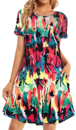 Leezepro Damen Sommerkleid Sommer Ärmellos Strandkleid mit Taschen Elegant Kleid Knielang Tankkleid für Strand(Bunt,L) von Leezepro