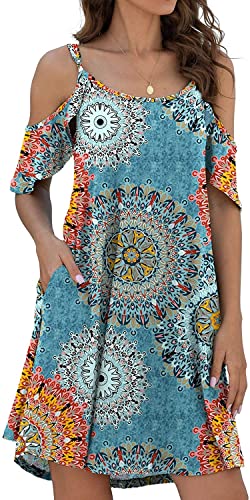 Leezepro Damen Sommerkleider Urlaub Off-Shoulder Strandkleid A-line Trägerkleid mit Tasche Casul midi Kleid Blumenmuster Kleider(Blau-Print,L) von Leezepro
