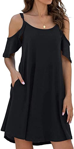 Leezepro Damen Sommerkleider Urlaub Off-Shoulder Strandkleid A-line Trägerkleid mit Tasche Casul midi Kleid Blumenmuster Kleider(Schwarz,L) von Leezepro