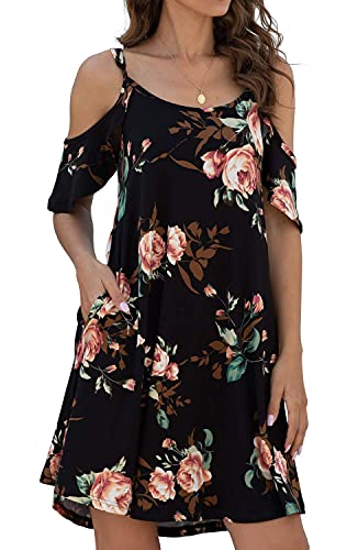 Leezepro Damen Sommerkleider Urlaub Off-Shoulder Strandkleid A-line Trägerkleid mit Tasche Casul midi Kleid Blumenmuster Kleider(Schwarz-Blumen,L) von Leezepro