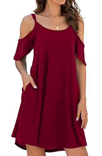 Leezepro Damen Sommerkleider Urlaub Off-Shoulder Strandkleid A-line Trägerkleid mit Tasche Casul midi Kleid Blumenmuster Kleider(Weinrot,S) von Leezepro