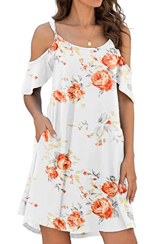 Leezepro Damen Sommerkleider Urlaub Off-Shoulder Strandkleid A-line Trägerkleid mit Tasche Casul midi Kleid Blumenmuster Kleider(Weiß-Blumen,M) von Leezepro