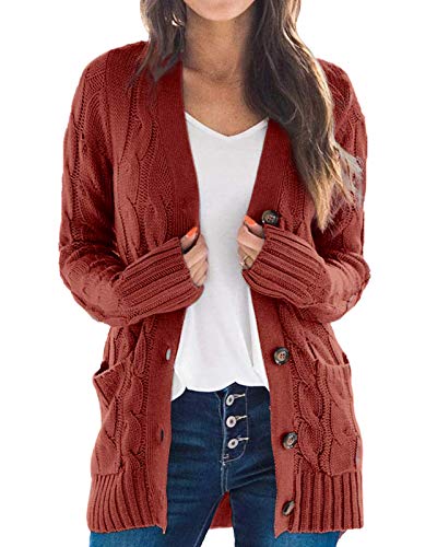 Leezepro Damen Strickjacke Cardigan Pullover Mantel Langarm Open Front Button Down (L, Ziegelrot) von Leezepro