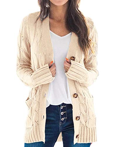 Leezepro Damen Strickjacke Cardigan Pullover Mantel Langarm Open Front Button Down (M, Beige) von Leezepro