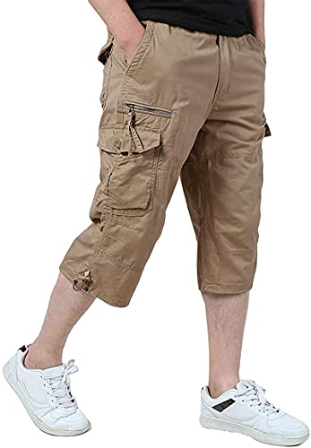 Leezepro Herren Kurze Cargohose 3/4 Hose Herren Cargo Shorts Männer Bermuda Multi Taschen Gummibund Lässig Outdoorhose Arbeitshose(M,Khaki) von Leezepro