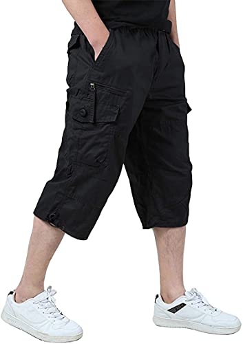 Leezepro Herren Kurze Cargohose 3/4 Hose Herren Cargo Shorts Männer Bermuda Multi Taschen Gummibund Lässig Outdoorhose Arbeitshose(S,Schwarz) von Leezepro