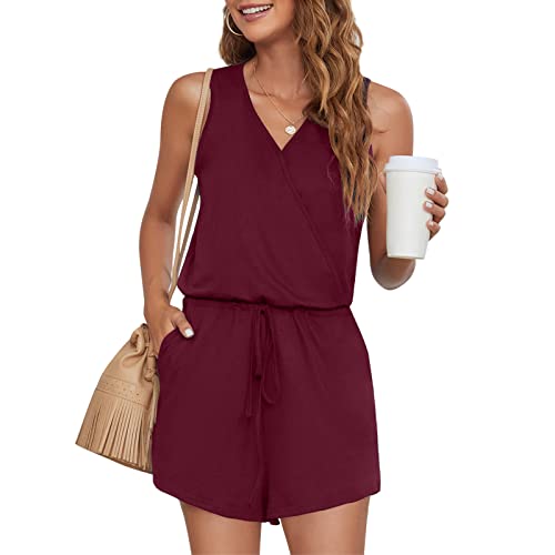 Leezepro Sommer Jumpsuit Damen Elegant V-Ausschnitt Playsuit Casual Overalls Kurz Romper einfarbiges Hosenanzug(Rot,M) von Leezepro