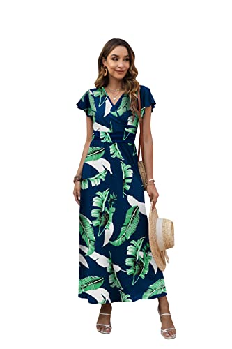 Leezepro Sommer Maxikleid Damen Rüschenärmel Sommerkleid Lang A Linie Maxikleid mit V Ausschnitt Taschen(Blatt,M) von Leezepro