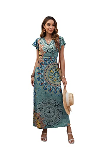 Leezepro Sommer Maxikleid Damen Rüschenärmel Sommerkleid Lang A Linie Maxikleid mit V Ausschnitt Taschen(Blau Blumen,L) von Leezepro